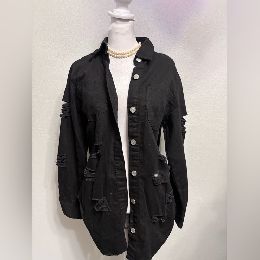 đź–¤Thrill Black Distressed Jean Jacketđź–¤ - Picture 3 of 5